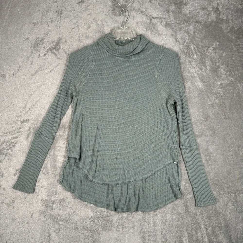 Free People We The Free S Small Sage Green‎ Waffle Knit High Low Tunic Mock Neck